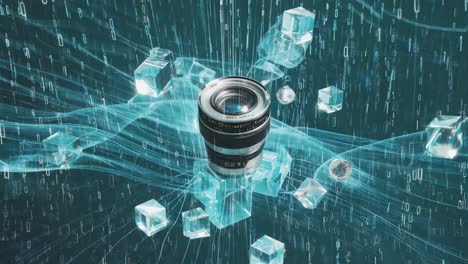digital camera lens with glowing cubes and data streams