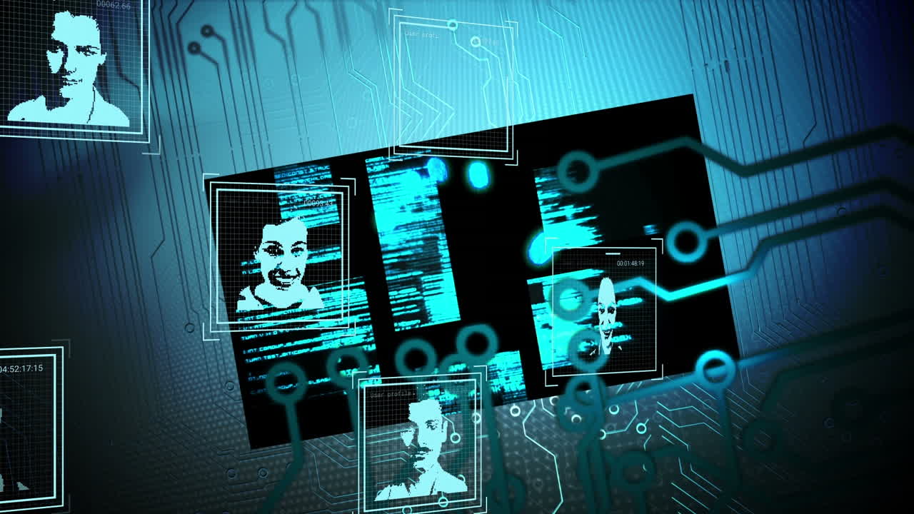 animación de circuitos integrados y fotos de usuario en pantalla digital azul