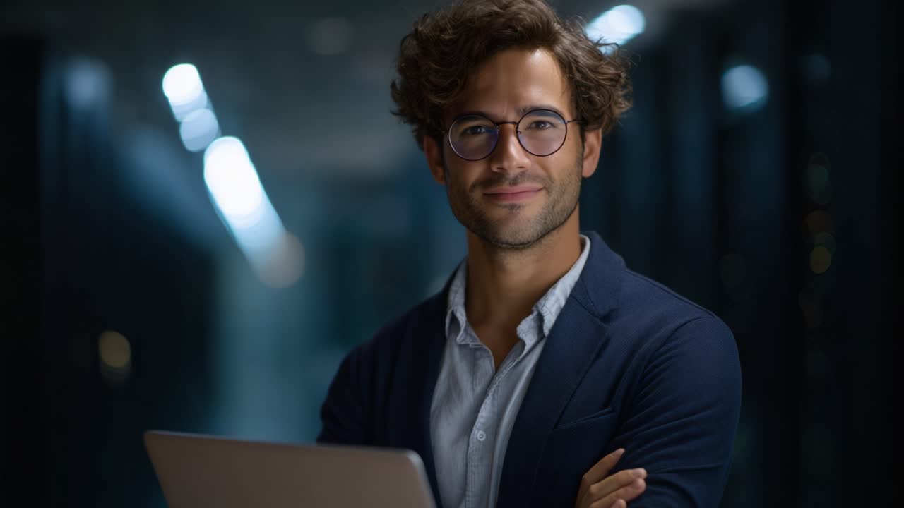 A confident young professional stands in a modern office setting, showcasing his expertise and poise with a laptop while illuminating an engaged attitude