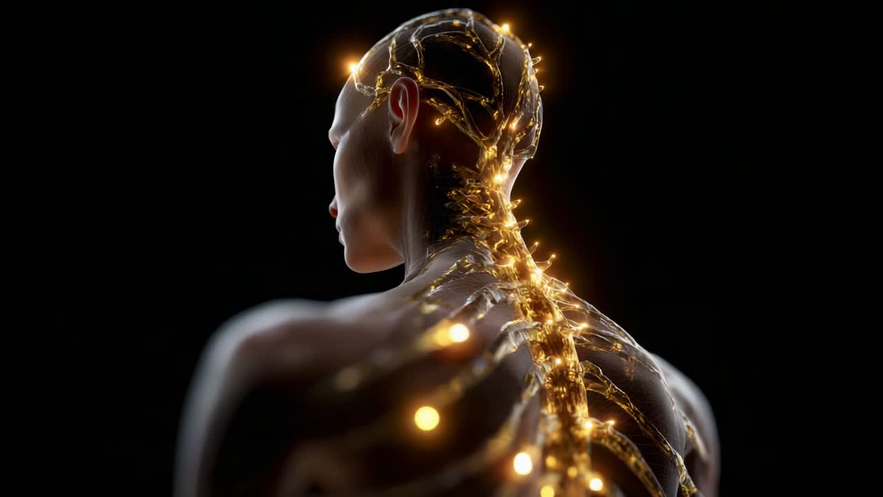 The Glowing Anatomy: A Digital Representation of the Human Body with Illuminated Neural Pathways Captured in a Striking Visualization, Emphasizing the Connection Between Science and Artistry Through Light