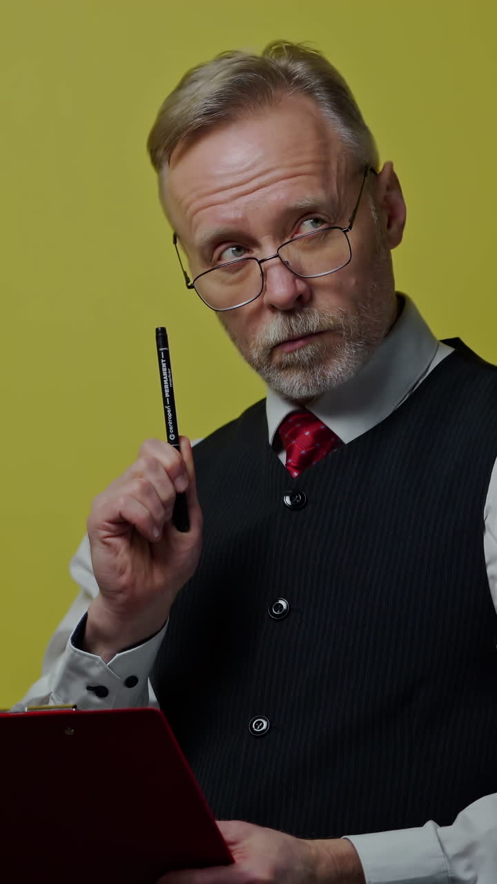 Thoughtful old businessman with a folder. Mature man becomes happy after finding the right solution to his project. Positive emotions. Vertical video