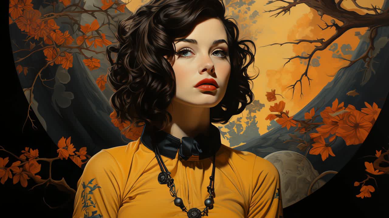 Serious young woman with curly hair standing by tree branches