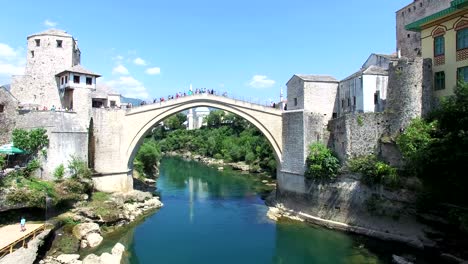 flying away from bridge in mostar, bosnia and herzegovina