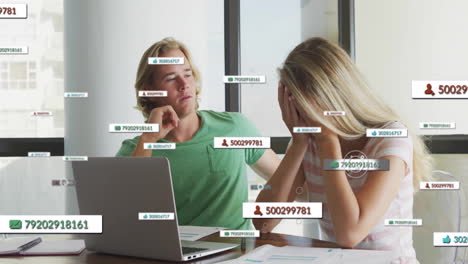 Man resting chin on hand, woman covering face in technology office, showing notification overlays