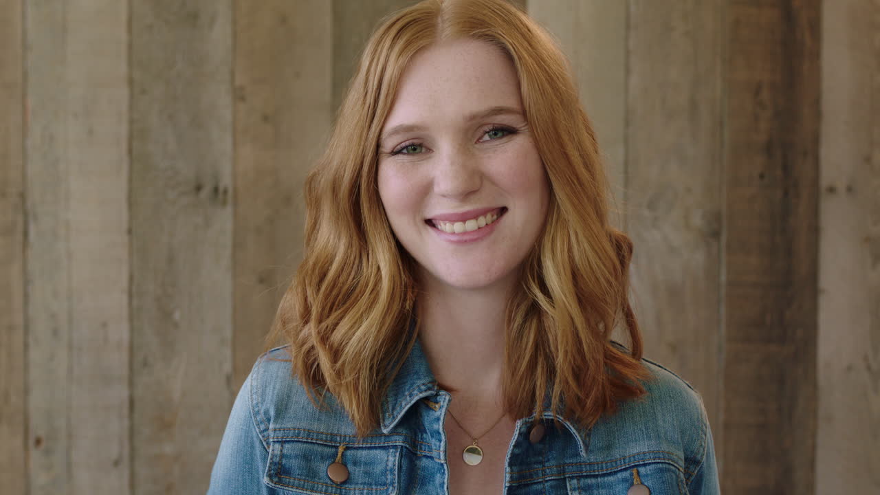 joven elegante mujer de cabeza roja retrato en primer plano de una hermosa chica sonriendo feliz en la cámara con chaqueta de denim fondo de madera