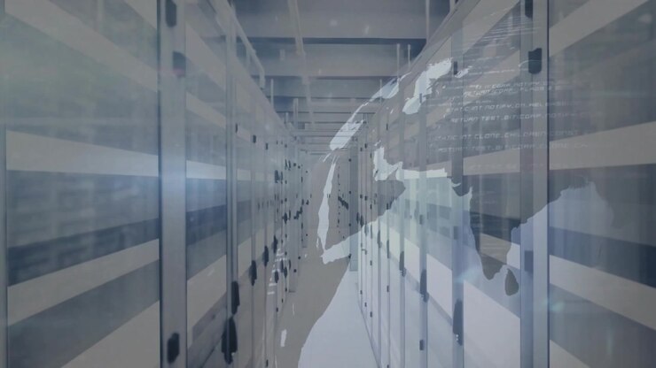 Camera dollying server aisle as map overlay emerging with pulsing nodes visualizing network flows