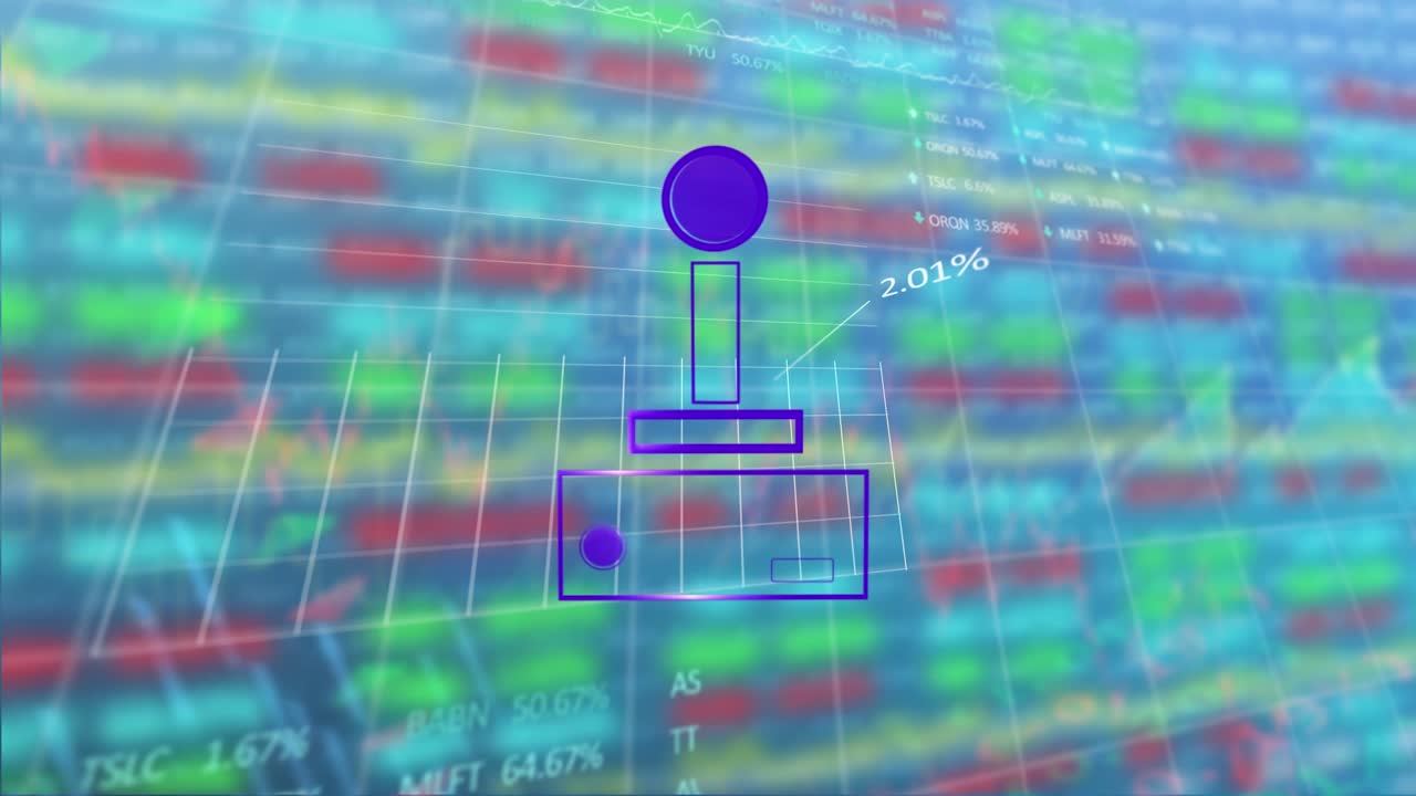 Animation of video game controller icon over financial and stock market data processing