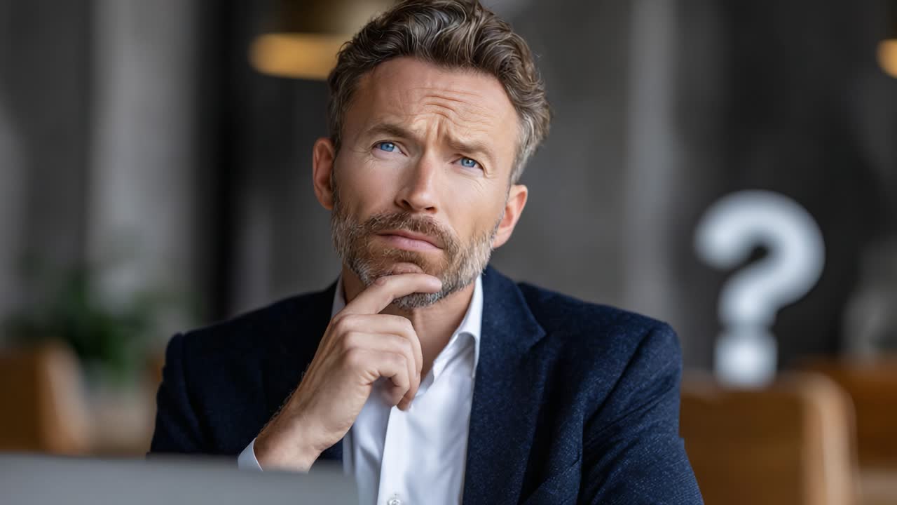 Un uomo pensieroso riflette in un ambiente moderno, meditando su una domanda con curiosità e introspezione nelle sue espressioni e nel linguaggio del corpo.
