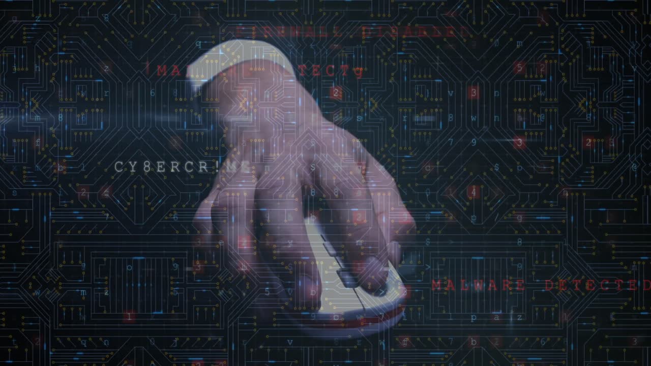 animación del procesamiento de datos de seguridad cibernética en la sección media de un hombre de negocios que usa un ratón