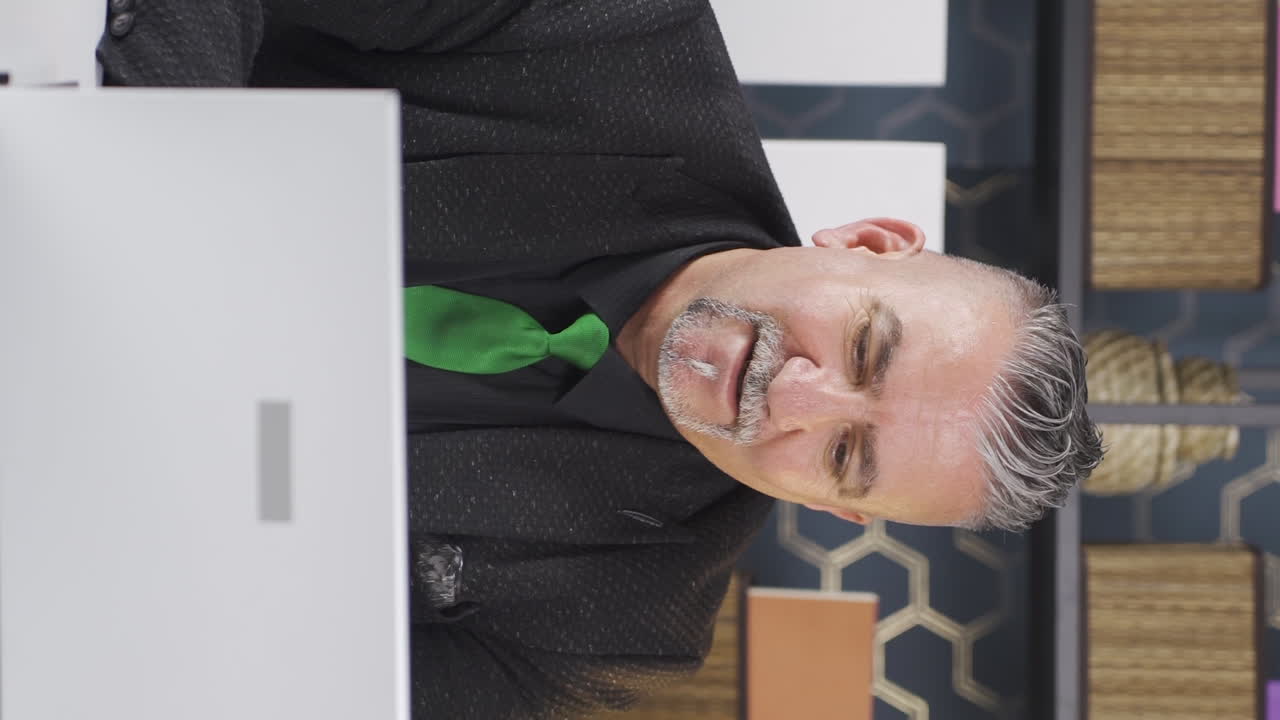 사업가의 수직 비디오는 긍정적으로 혼란스럽습니다.