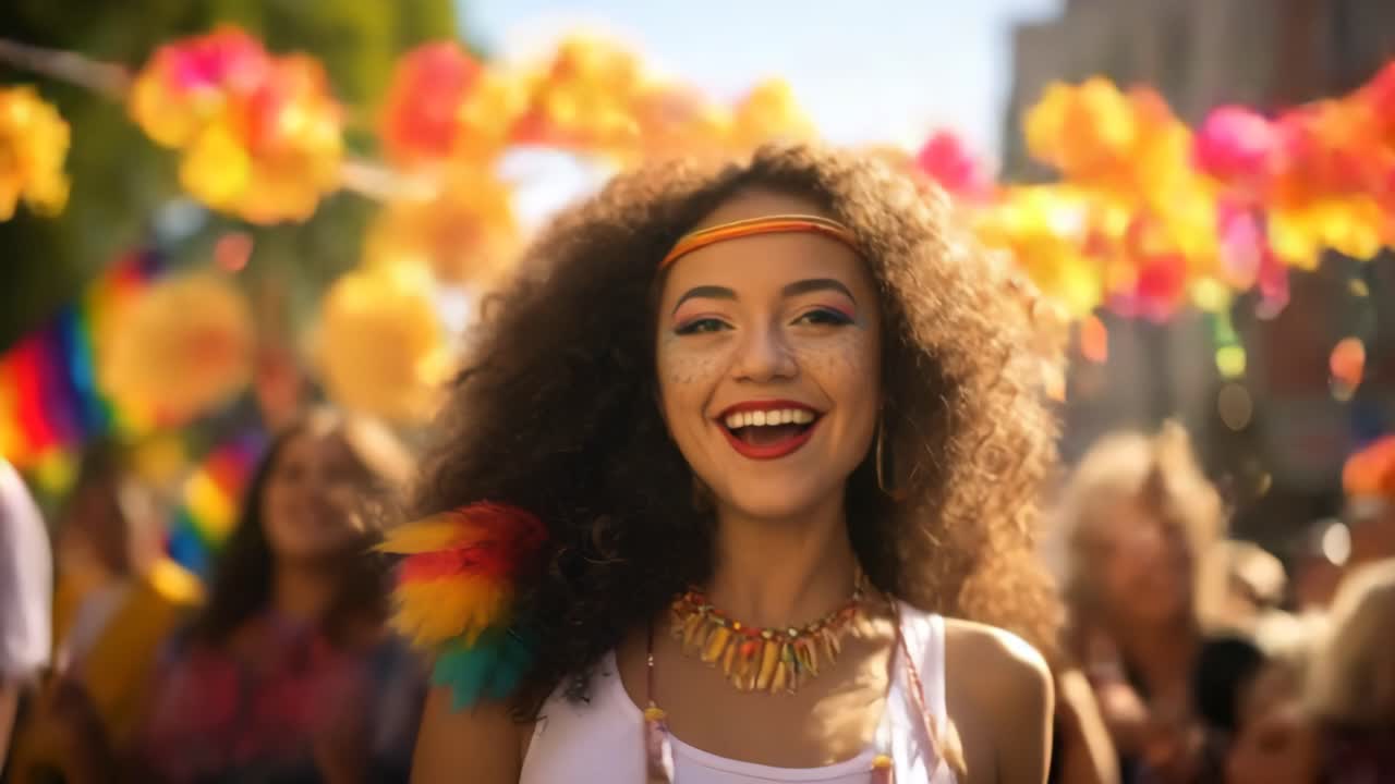 Vibrant street festival video scene with a joyful woman in focus. Shot from a front angle, colorful