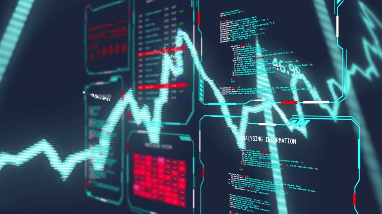 Left-edge sweep starting cyan waveform and UI panels moving, peaking, labels flashing, showing data