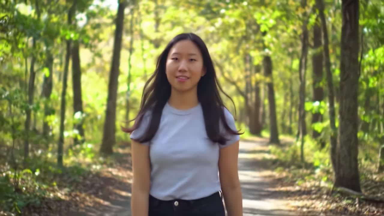 A Young Woman Walks Confidently Along a Serene Path in the Woods, Surrounded by Lush Greenery and Dappled Sunlight in a Lively Natural Setting