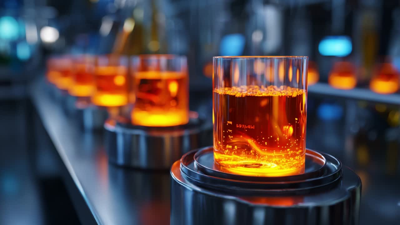 A Vivid Display of Orange Liquid in Glass Containers: Capturing the Intricate Details of a Modern Processing Facility's Liquid Handling and Bottling Process in Two Framed Images
