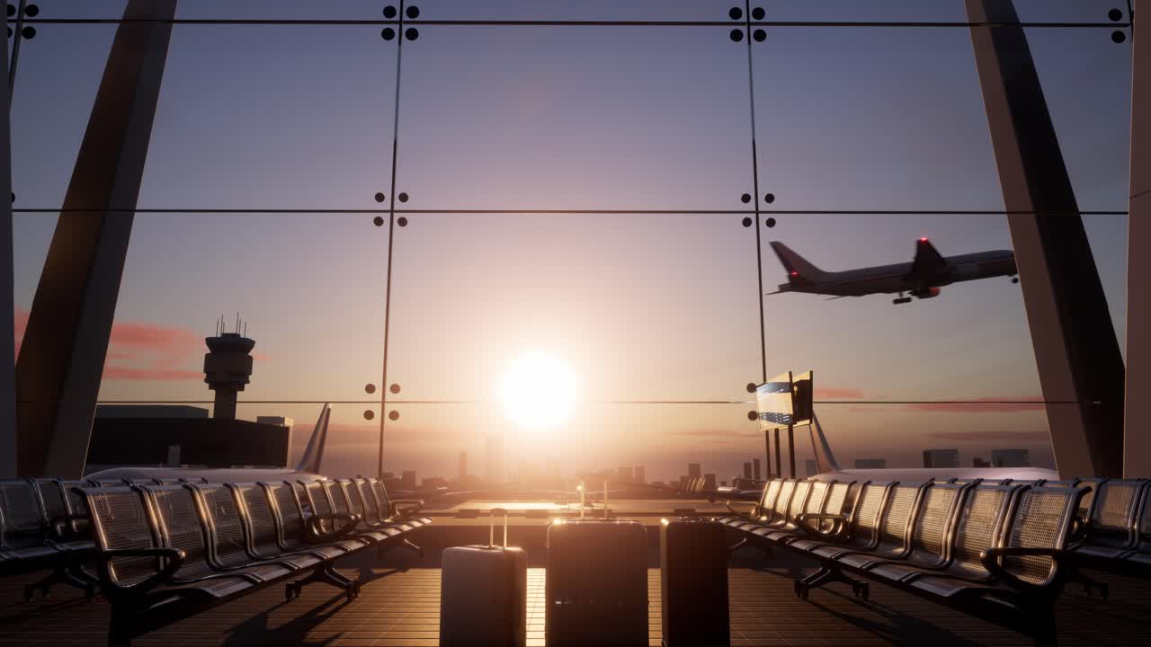 Airplane Taking Off Seen Through Airport Terminal Window. View From Inside Empty Waiting Hall Benches With Suitcases In The Lounge. Airplane Departing With Nobody At The Gate