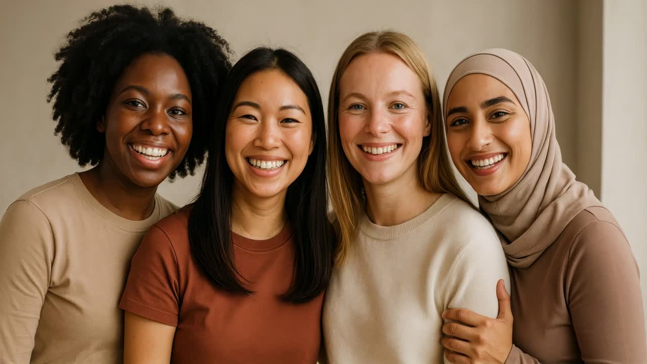 A diverse group of women smiling warmly at the camera