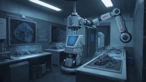 a cutting-edge robotic arm in a high-tech laboratory analyzing asteroid samples from space exploration missions, showcasing advanced technology and research innovation