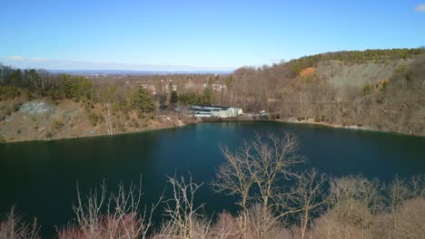 aerial drone footage over iron ore quarry in pennsylvania