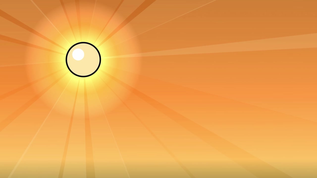Cartoon anime style sun shining with rays on the left side against orange sky, seamless loop