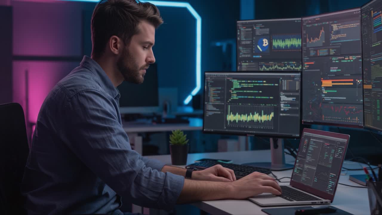 Focused Data Analyst Coding Efficiently on Multiple Monitors in Modern Office Setting, Analyzing Trends and Creating Visualizations with Advanced Software Tools