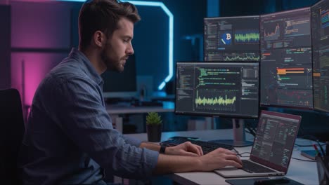 focused data analyst coding efficiently on multiple monitors in modern office setting, analyzing trends and creating visualizations with advanced software tools