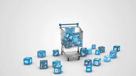 iconos cayendo en el carrito sobre fondo blanco