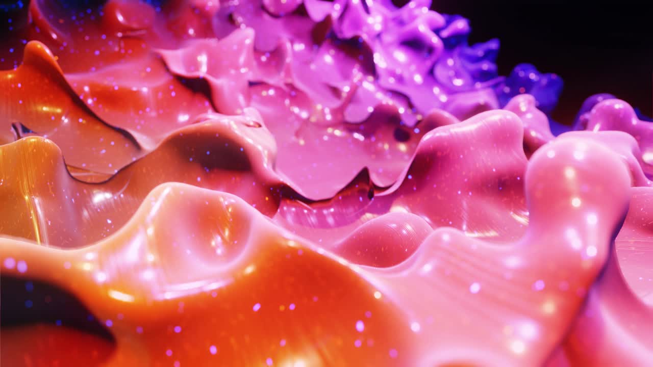 animación abstracta suave de gradiente líquido rojo púrpura en 4k. superficie de pintura brillante brillante como fondo festivo en bucle abstracto. brilla en líquido viscoso con salpicaduras 3d en la superficie como gotas.