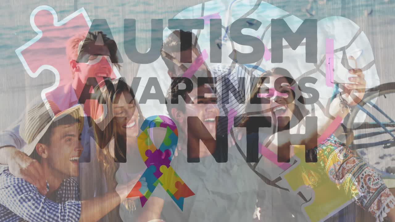 여름 해변 파티에서 행복한 친구들 위에 다채로운 퍼즐 조각과 자폐증 텍스트의 애니메이션