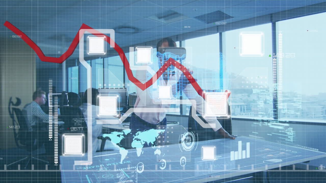 사무실에서 vr 헤드 ⁇ 을 착용하는 아프리카계 미국인 사업가에 대한 데이터 처리와 디지털 인터페이스