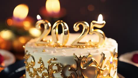 lit golden candles shaped as the number 2025 sit atop a beautifully decorated cake, possibly signifying a new year's or birthday celebration