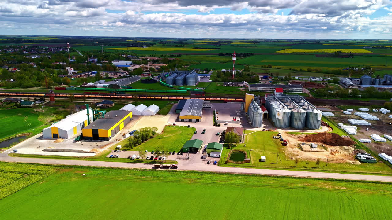 Bird's eye view of an industrial agricultural installation in the countryside.