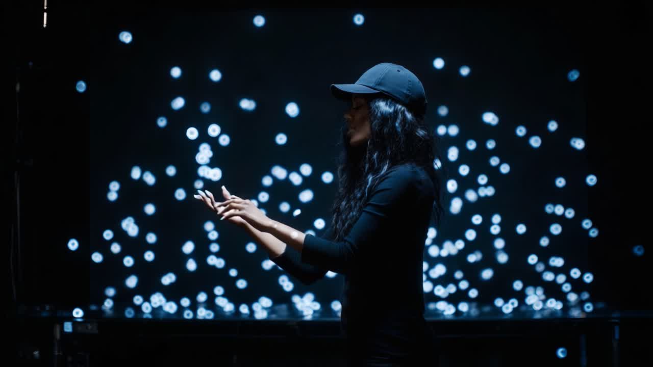 A performer captivates an audience with mesmerizing movements against a backdrop of shimmering lights, creating an enchanting atmosphere filled with creativity and allure