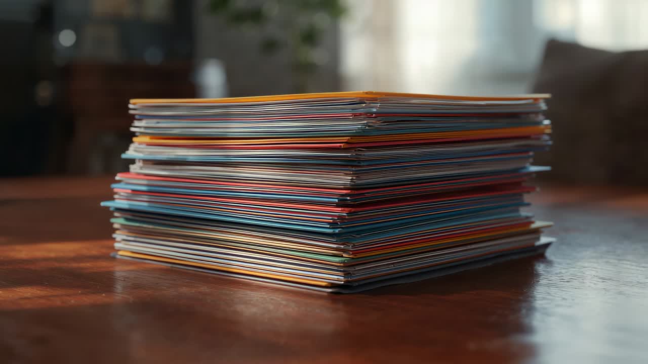 Sunlight shifting, stack of bright envelopes sitting on table near window, showing layered edges