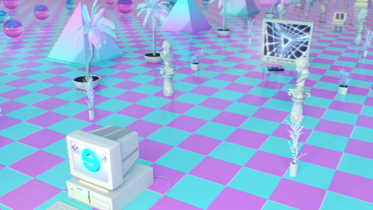 estético vaporwave rosa azul centro comercial con electrónica y estatuas de los años 90 - animación de fondo de movimiento de bucle sin costuras de 4k