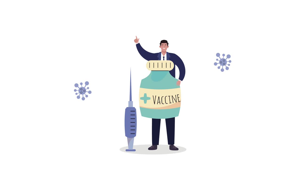 covid19 vaccine animation with man lifting vial and syringe