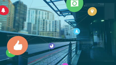 social media icons and network connections animation over urban cityscape background