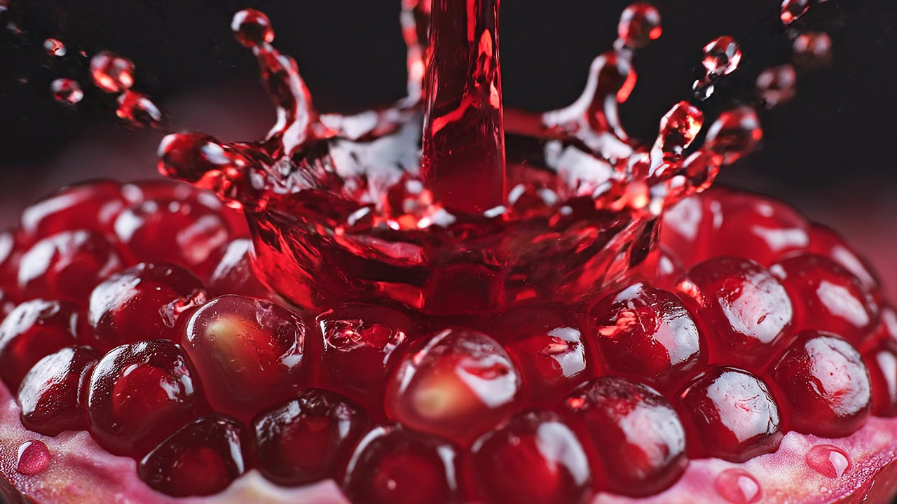 Slow Motion Succo di Melograno che Schizza su Semi Rossi Freschi