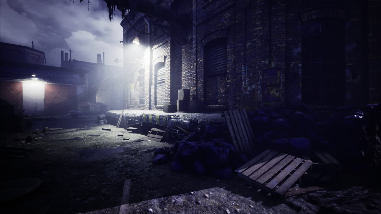 Abandoned industrial area at night with fog and dim lighting