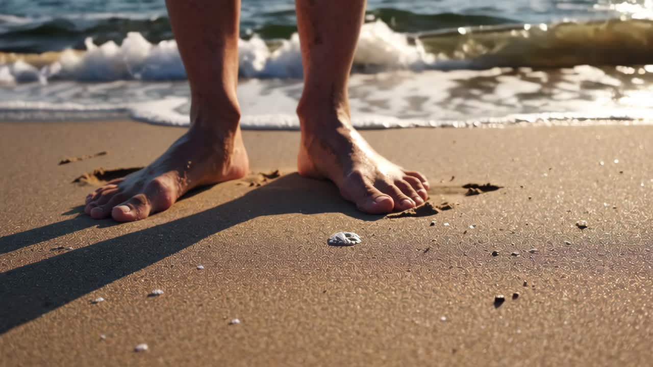 Feet standing on a sandy beach with ocean waves