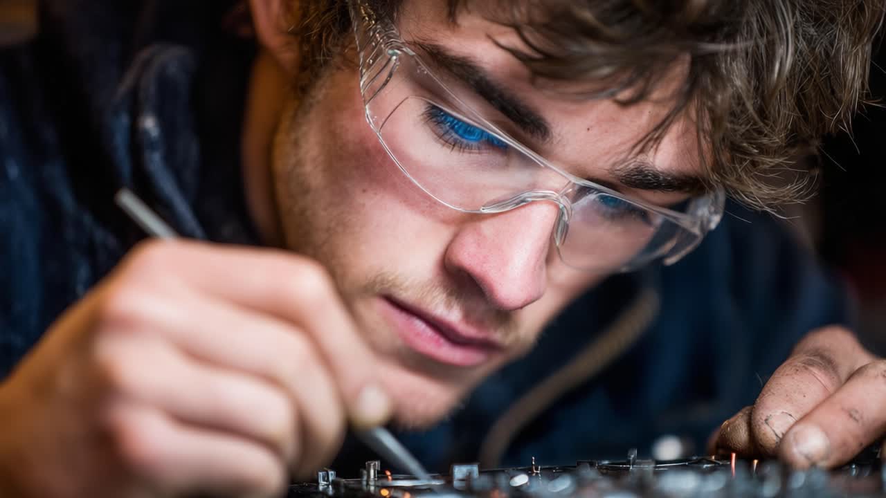 A Skilled Young Technician Concentrates on Precision Work, Repairing Delicate Electronic Components with Careful Attention and a Steady Hand in a Workshop Environment