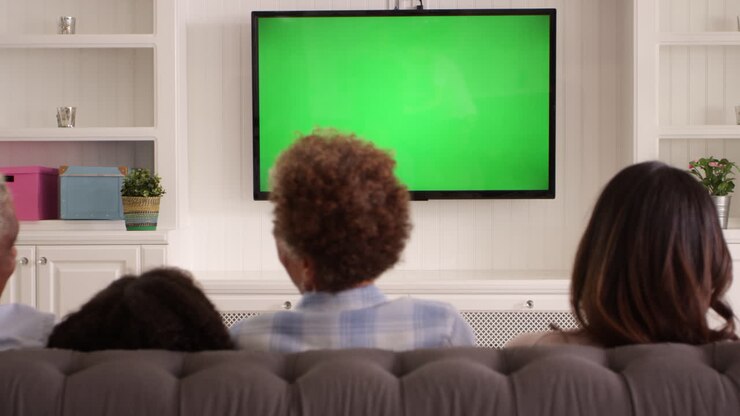 Famiglia vista di spalle che guarda una TV con schermo verde, ripresa in R3D.