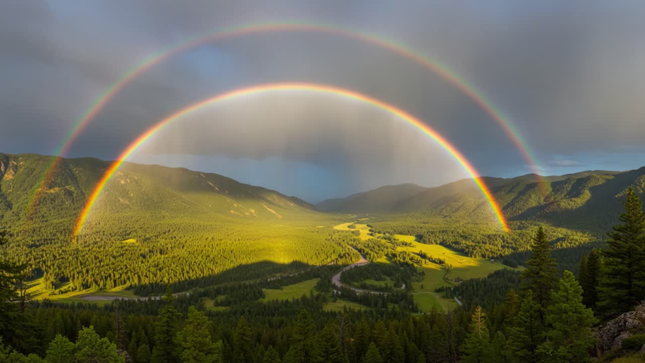 Breathtaking Landscape Displaying a Vivid Double Rainbow Arching Over Lush Green Valleys and Forests, Illuminating the Tranquil Nature Scene After a Rain Shower