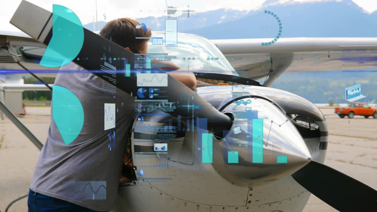 Animation of statistical data processing against male engineer repairing an airplane