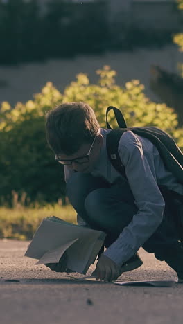 schoolboy with fair hair in shirt jeans gathers thrown paper sheets and books on asphalt road on sunny day slow motion