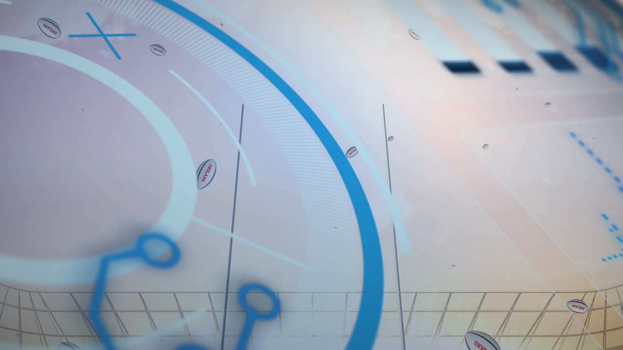 procesamiento de datos sobre la impresión de inglaterra en las pelotas de rugby que caen contra el estadio deportivo