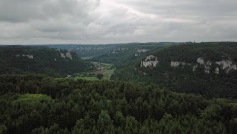 sideways panning sky view over beautiful donau valley in germany, on moody cloudy day