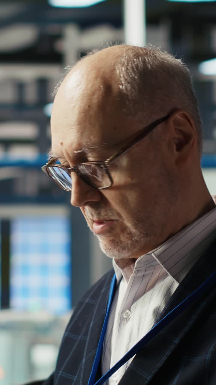 Vertical video Portrait of smiling industrial plant shareholder conducting research