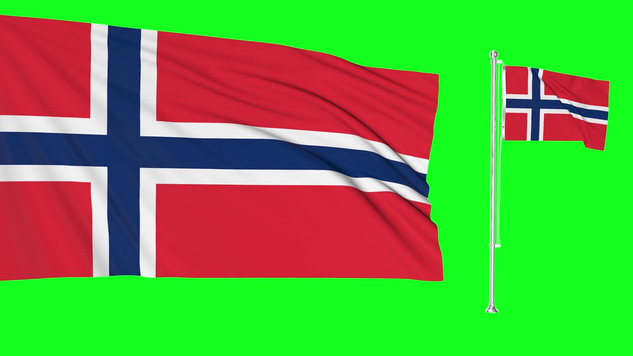 Green screen Norway two flags waving norwegian flagpole animation 3d chroma key