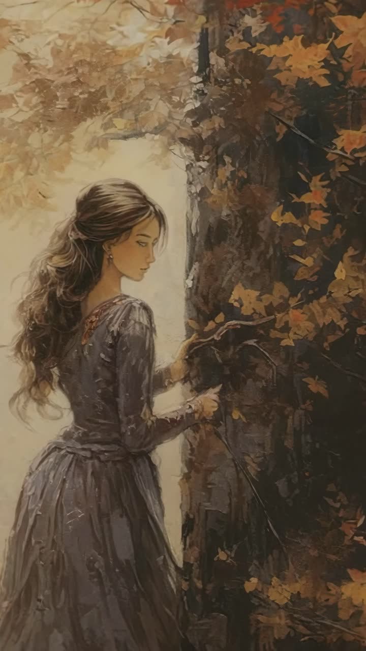 A woman in a flowing dress stands by a tree in an autumn forest. The video captures a side angle