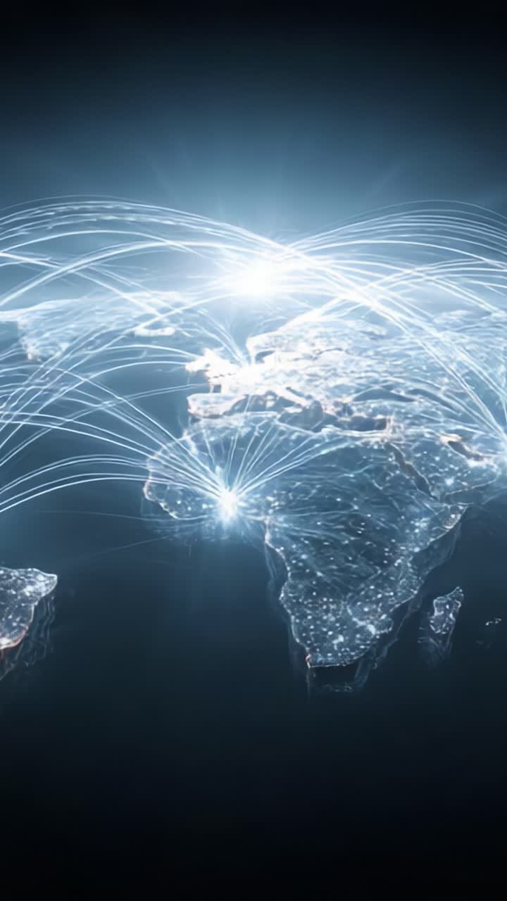 Illuminated World Map with Dynamic Network Connections Symbolizing Global Communication and Data Transfer Across Continents and Oceans